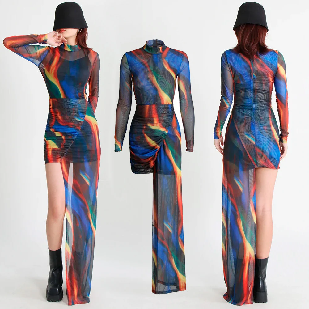 MULTI COLOR Mini Dress with SIDE TRAIN - Image 2