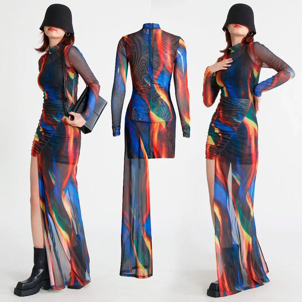 MULTI COLOR Mini Dress with SIDE TRAIN - Image 3