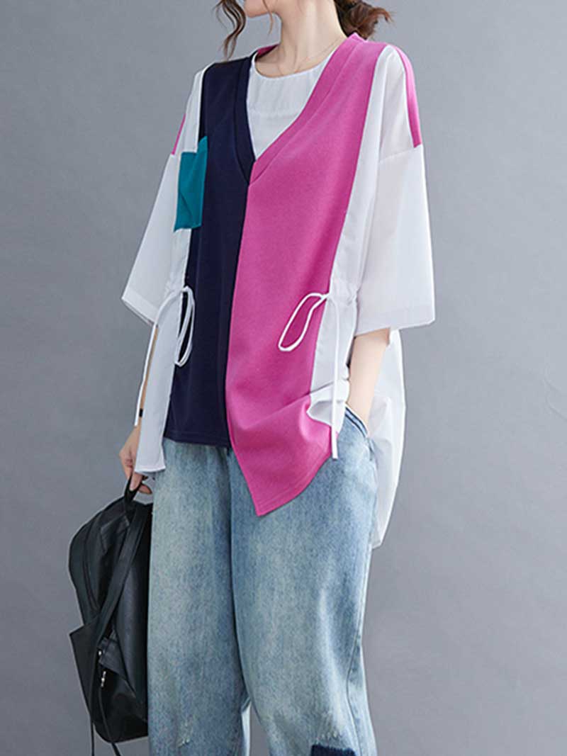Colorful Print Round-Neck Shirt Top - Image 4