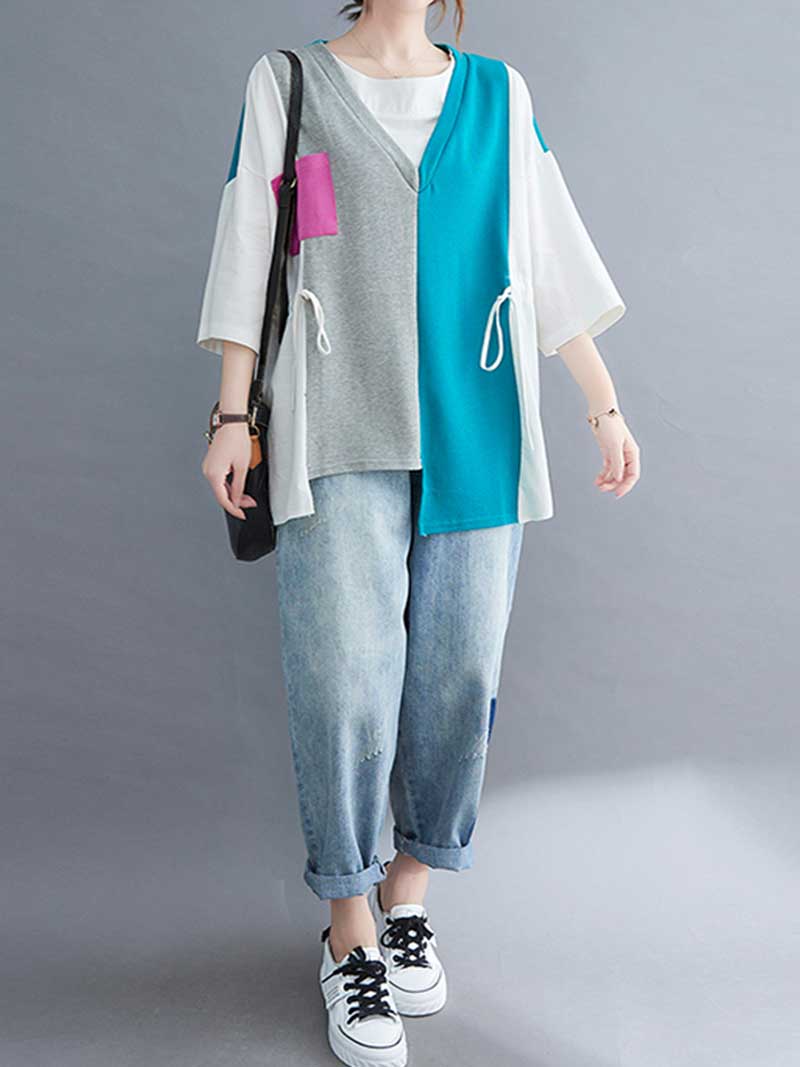Colorful Print Round-Neck Shirt Top - Image 5