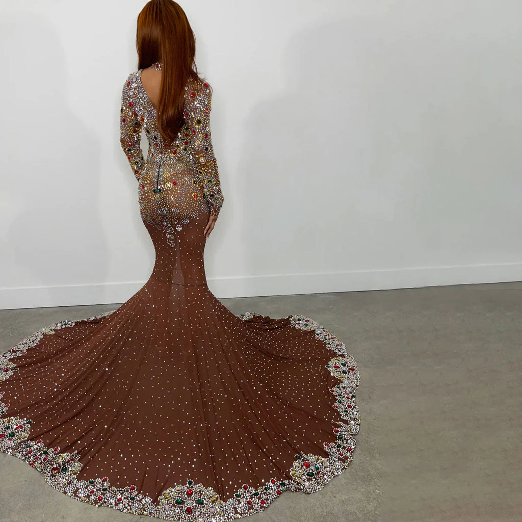 Colorful Rhinestone Embellished High Neck Long Sleeve Mesh Mermaid Maxi Evening Dress - Image 3