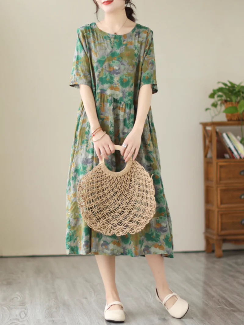 Comfy & Cool Loose Green Flower Midi Dress - Image 2