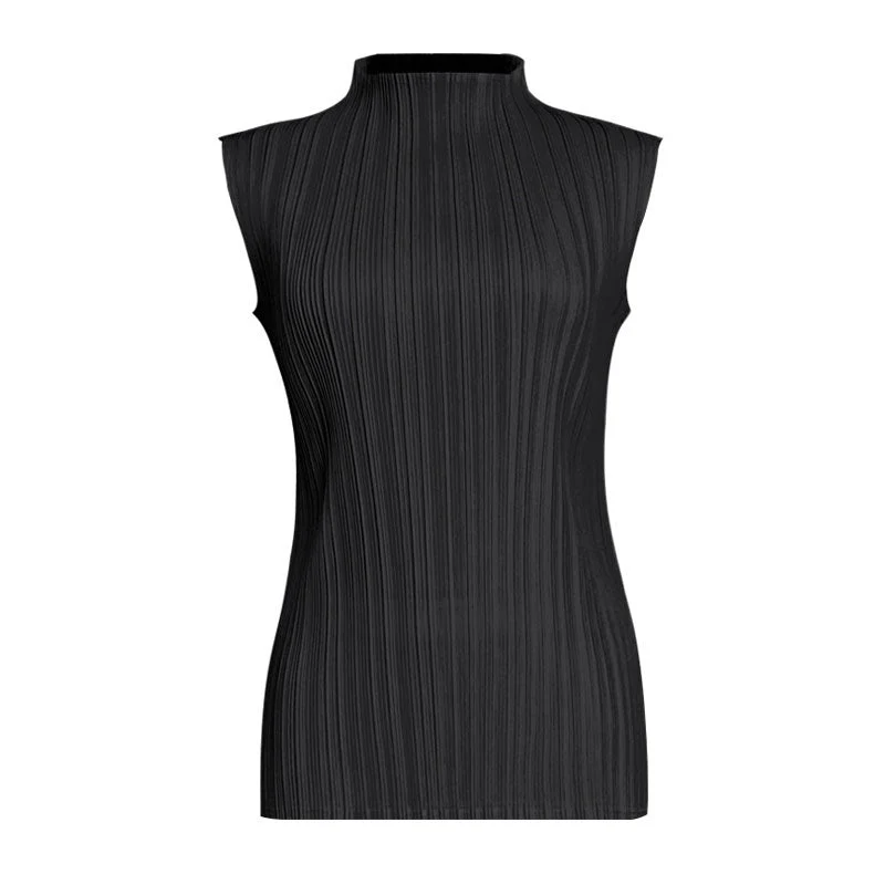 Comfy Solid Color Mock Neck Slim Fit Pleated Sleeveless Top - Image 2