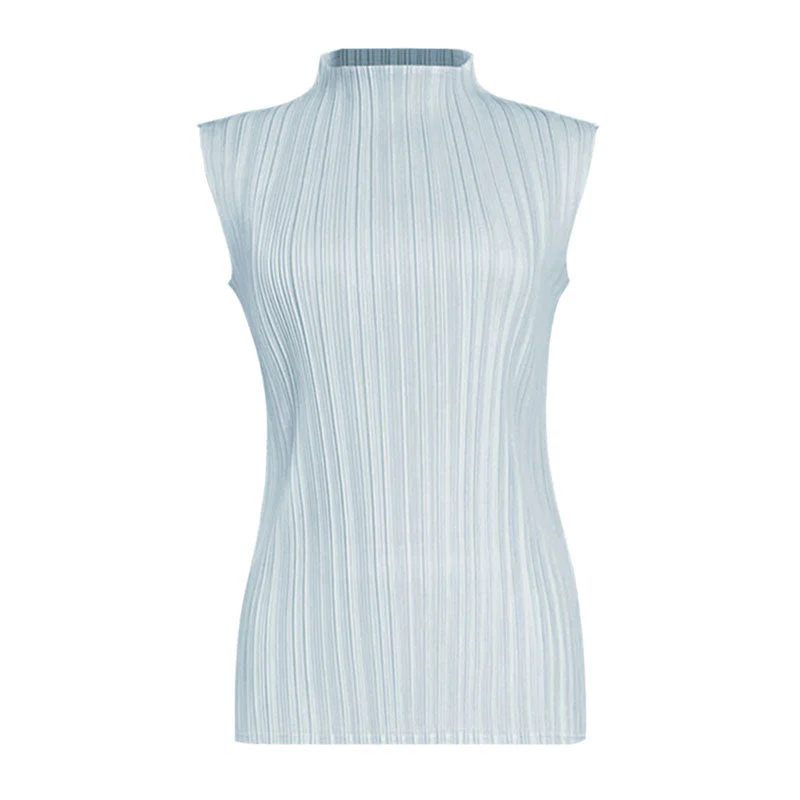 Comfy Solid Color Mock Neck Slim Fit Pleated Sleeveless Top - Image 4
