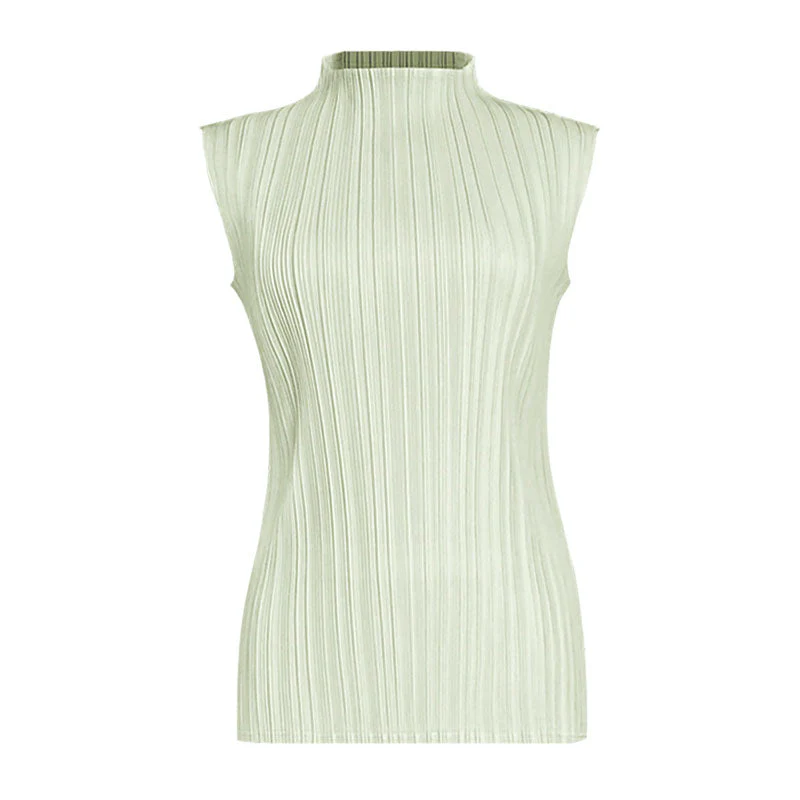 Comfy Solid Color Mock Neck Slim Fit Pleated Sleeveless Top - Image 5