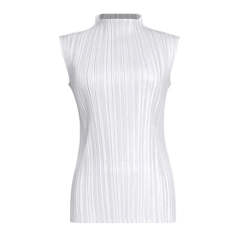 Comfy Solid Color Mock Neck Slim Fit Pleated Sleeveless Top - Image 7