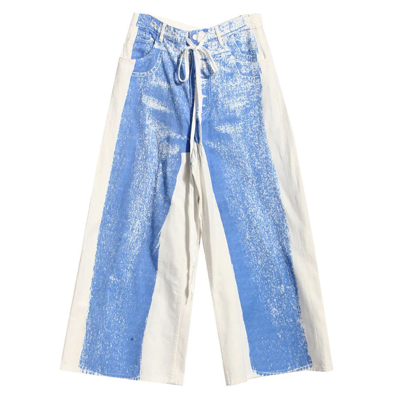 Conceptual Style Contrast Printed Drawstring High Waist Wide Leg Jeans - Image 2