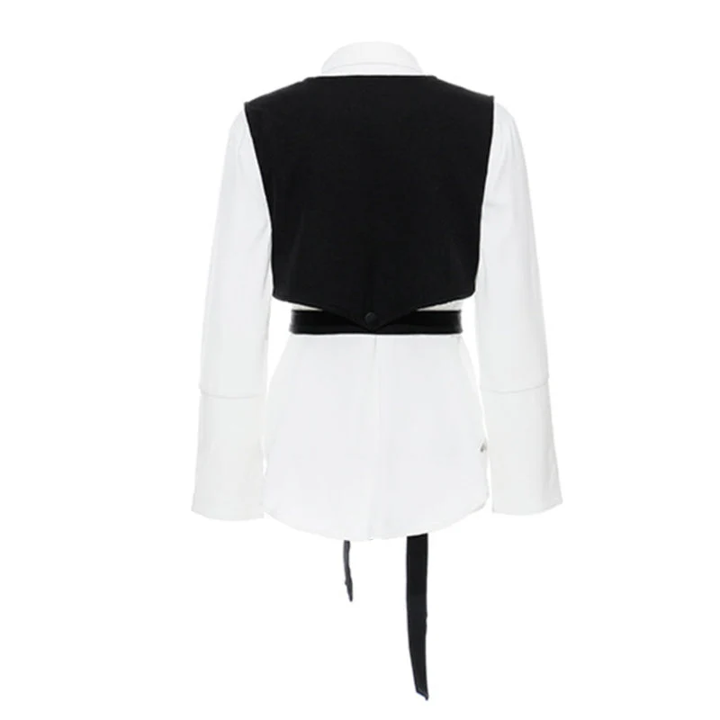 Contrast Belted Folded Collar Long Sleeve Button Down Blouse Matching Set - Image 5