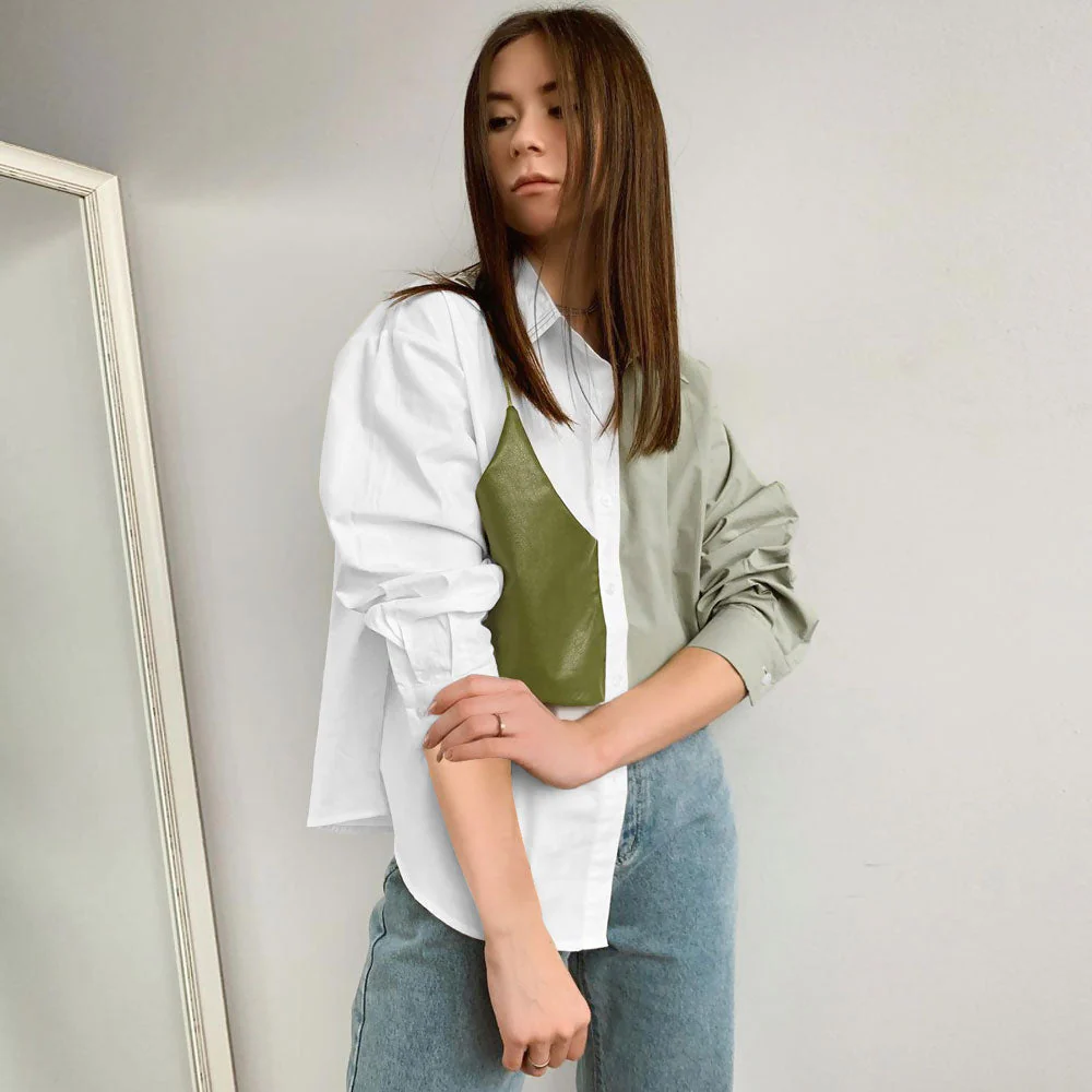 Contrast Color Faux Leather Panel Trim Long Sleeve Button Up Shirt - Green - Image 2