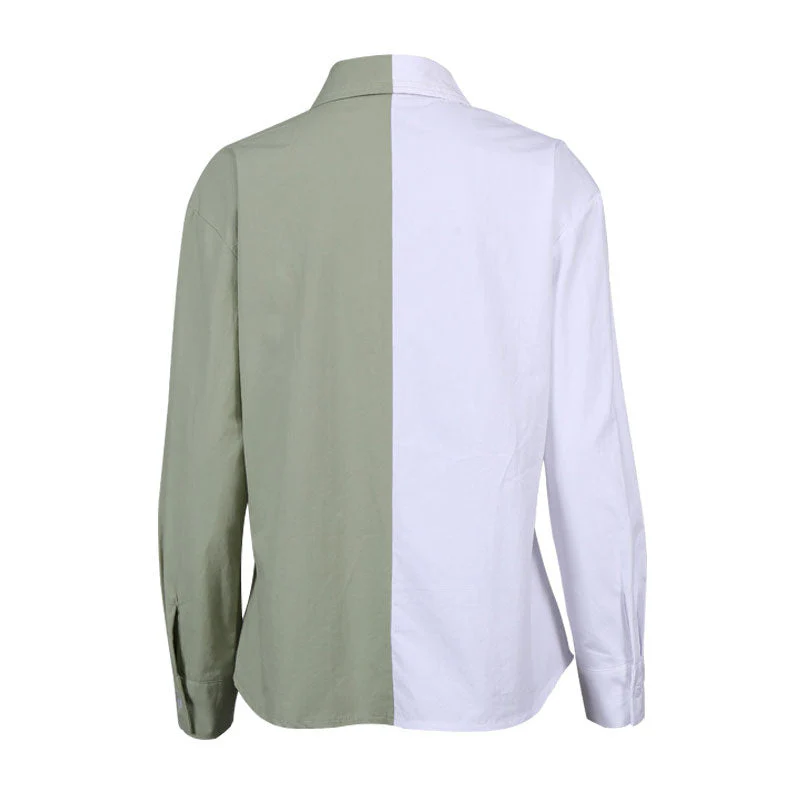 Contrast Color Faux Leather Panel Trim Long Sleeve Button Up Shirt - Green - Image 4