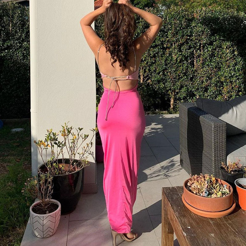 Contrast CutOut Twist Ruched Rhinestone Cami Backless Bodycon Midi Formal Dress - Image 4