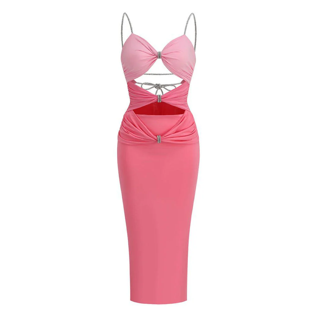 Contrast CutOut Twist Ruched Rhinestone Cami Backless Bodycon Midi Formal Dress - Image 5