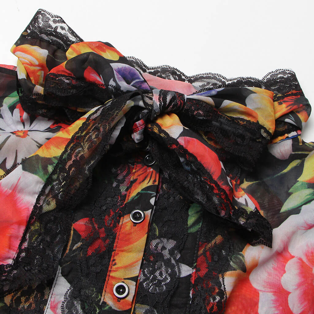 Contrast Floral Print Lace Trim Bow Tie Puff Sleeve Button Down Chiffon Blouse - Image 3