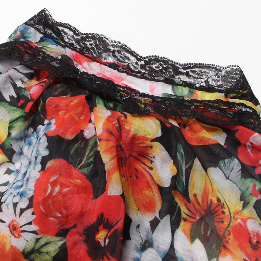 Contrast Floral Print Lace Trim Bow Tie Puff Sleeve Button Down Chiffon Blouse - Image 5