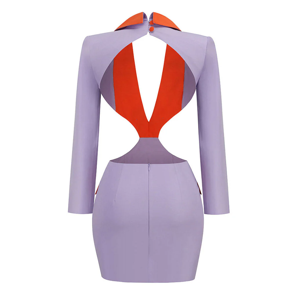 Contrast Lapel Collar Deep V Cut Out Backless Tailored Mini Blazer Dress - Image 2