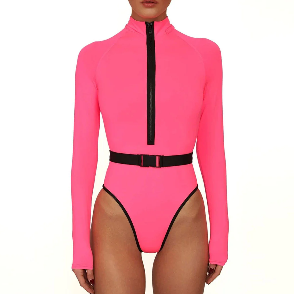 Contrast Long Sleeve Rash Guard One Piece Swimsuit - Neon Pink - Image 2