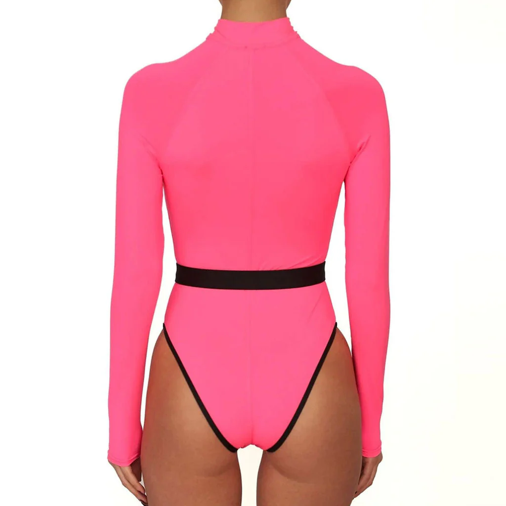 Contrast Long Sleeve Rash Guard One Piece Swimsuit - Neon Pink - Image 3