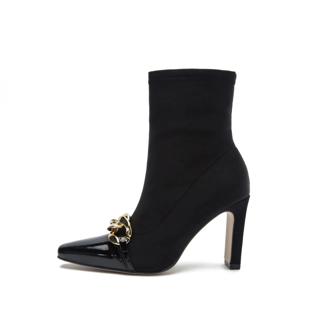 Contrast Metal Chain Pointed Toe High Heel Sock Ankle Boots - Black - Image 5