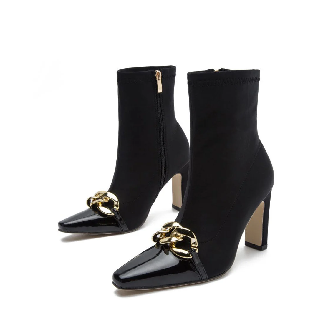Contrast Metal Chain Pointed Toe High Heel Sock Ankle Boots - Black - Image 6