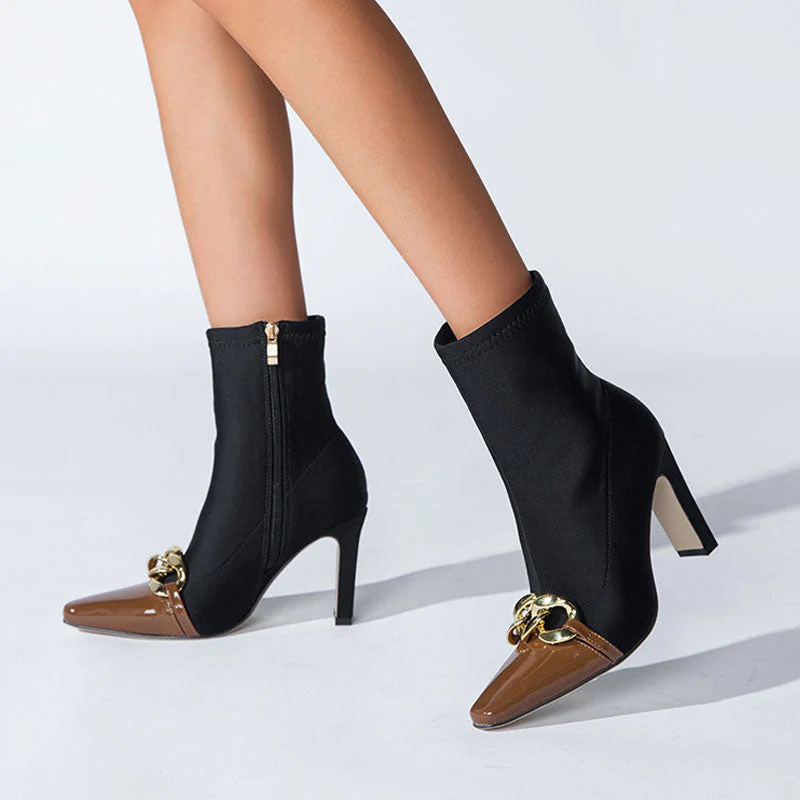 Contrast Metal Chain Pointed Toe High Heel Sock Ankle Boots - Chocolate - Image 4