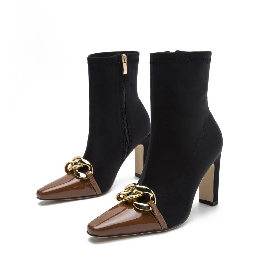 Contrast Metal Chain Pointed Toe High Heel Sock Ankle Boots - Chocolate - Image 6