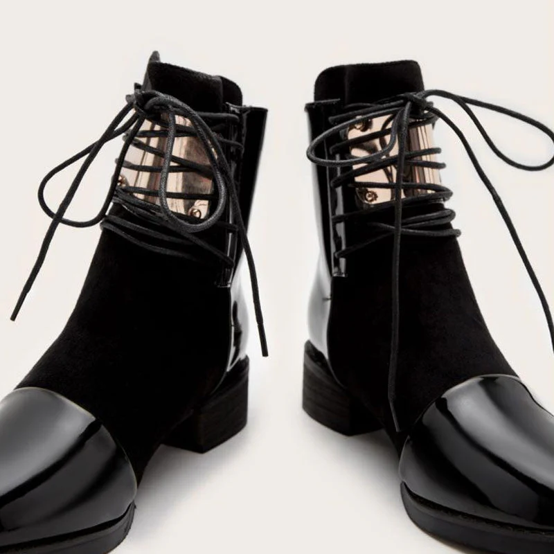 Contrast Panel Metal Trim Lace Up Faux Leather Ankle Boots - Black - Image 4