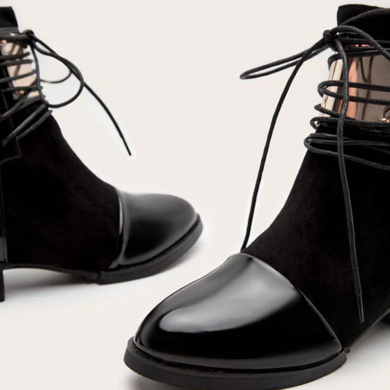 Contrast Panel Metal Trim Lace Up Faux Leather Ankle Boots - Black - Image 6