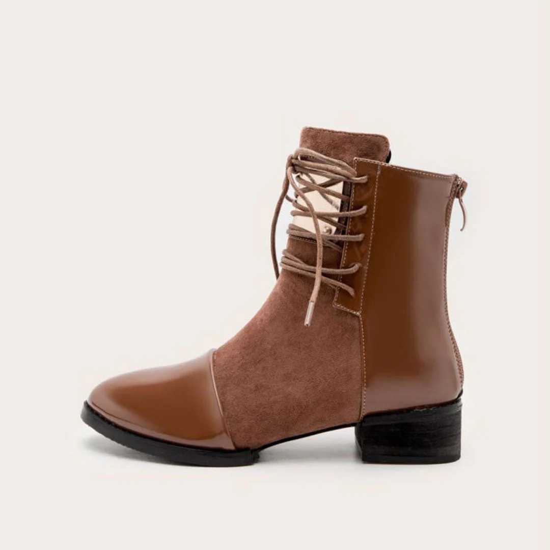Contrast Panel Metal Trim Lace Up Faux Leather Ankle Boots - Brown - Image 3