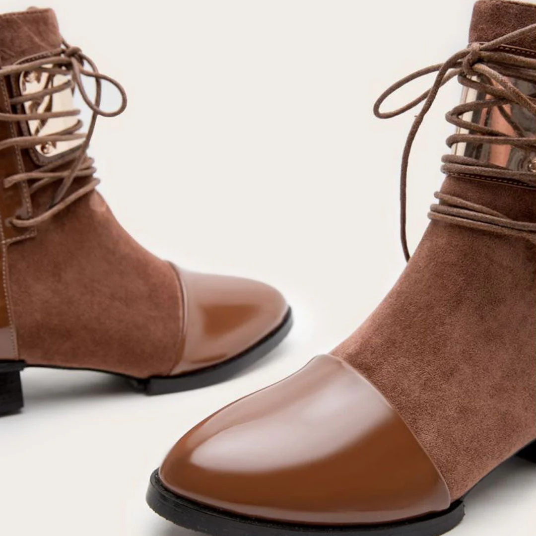 Contrast Panel Metal Trim Lace Up Faux Leather Ankle Boots - Brown - Image 5