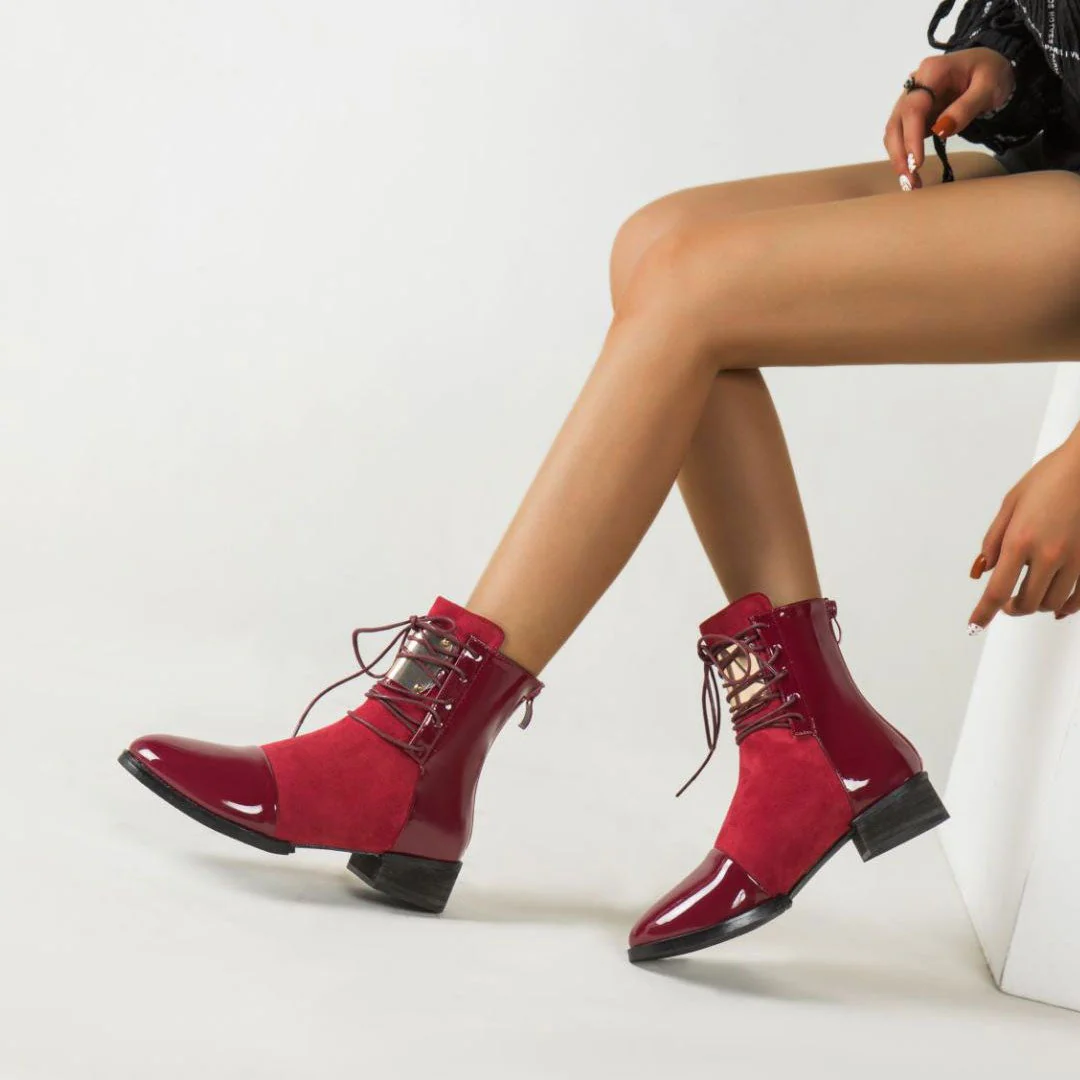 Contrast Panel Metal Trim Lace Up Faux Leather Ankle Boots - Red - Image 2