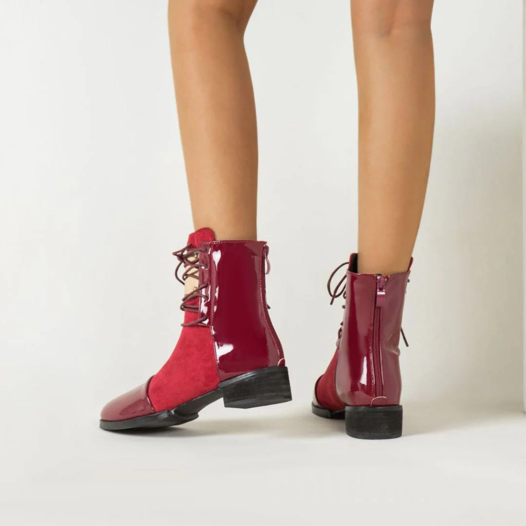 Contrast Panel Metal Trim Lace Up Faux Leather Ankle Boots - Red - Image 3