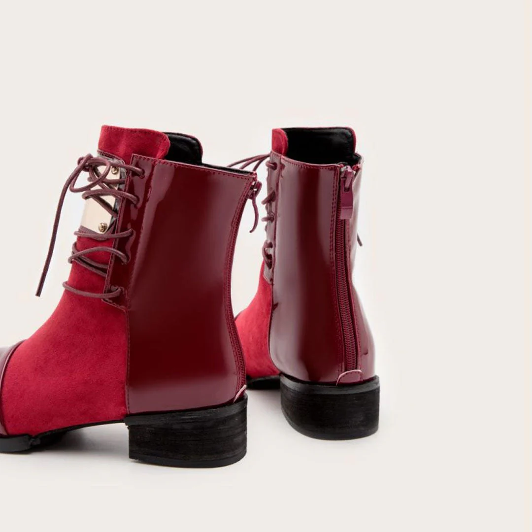 Contrast Panel Metal Trim Lace Up Faux Leather Ankle Boots - Red - Image 5