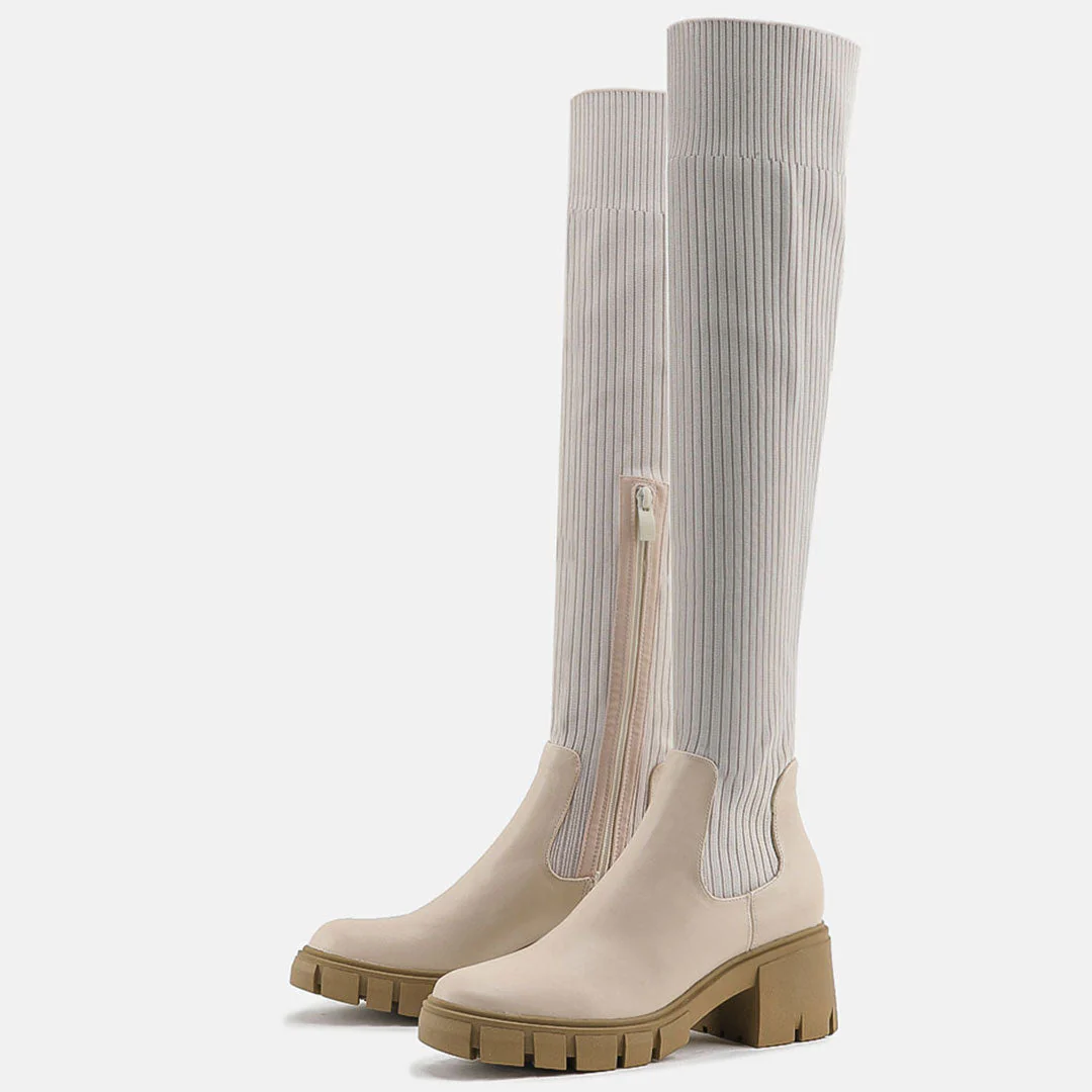 Contrast Panel Trim Lug Sole Chunky Heel Knit Knee High Sock Boots - Apricot - Image 2