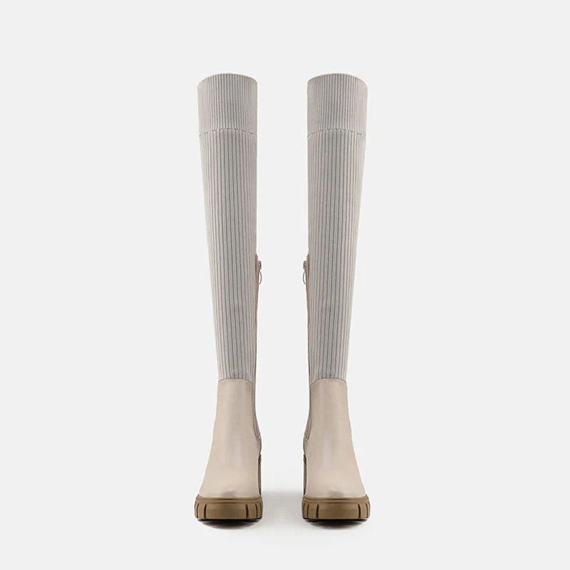 Contrast Panel Trim Lug Sole Chunky Heel Knit Knee High Sock Boots - Apricot - Image 3