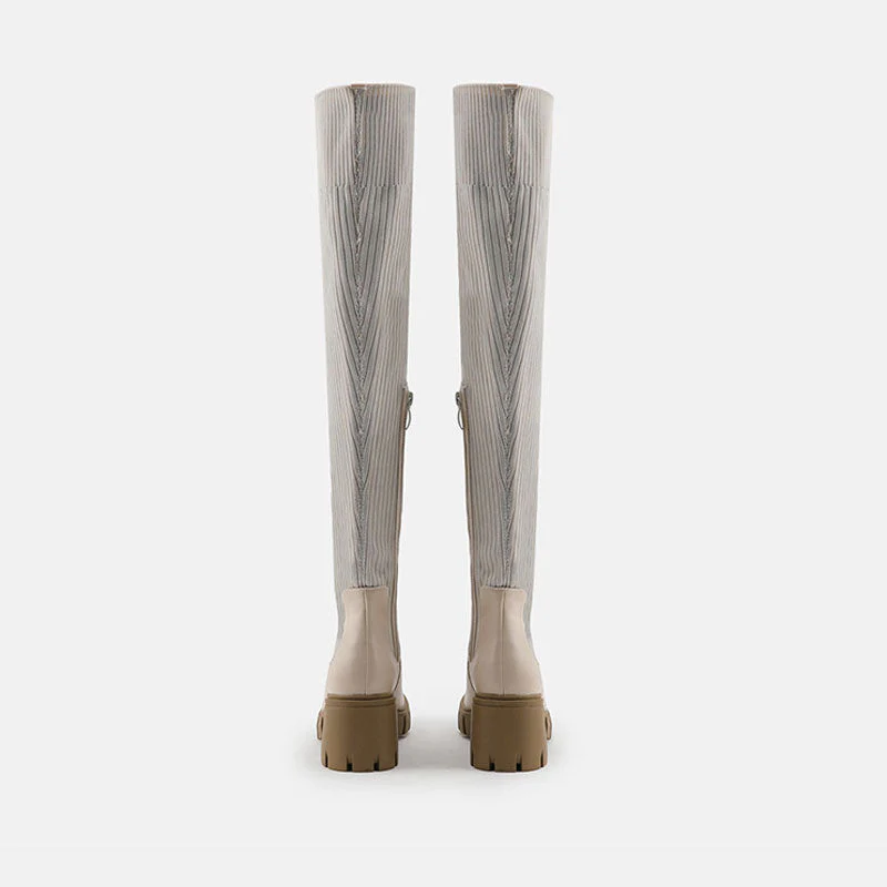 Contrast Panel Trim Lug Sole Chunky Heel Knit Knee High Sock Boots - Apricot - Image 4