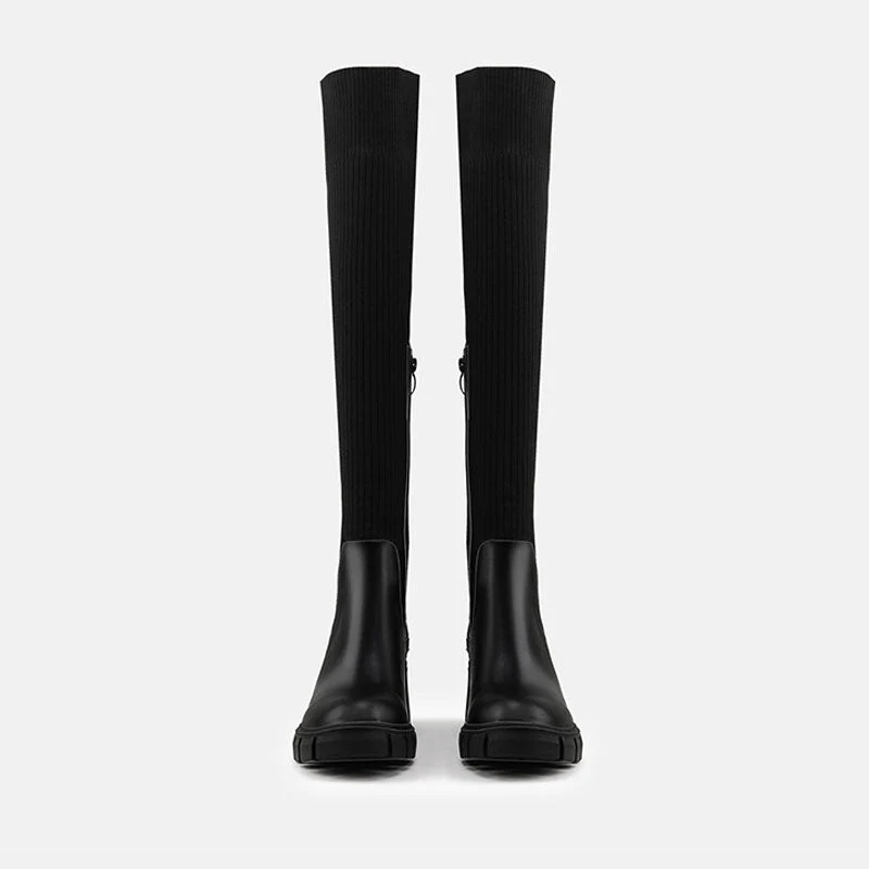 Contrast Panel Trim Lug Sole Chunky Heel Knit Knee High Sock Boots - Black - Image 2