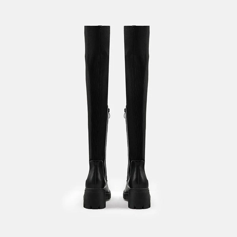 Contrast Panel Trim Lug Sole Chunky Heel Knit Knee High Sock Boots - Black - Image 3