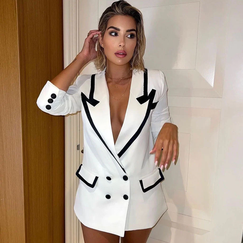 Contrast Peak Lapel Double Breasted Oversized Blazer Mini Dress - White - Image 3