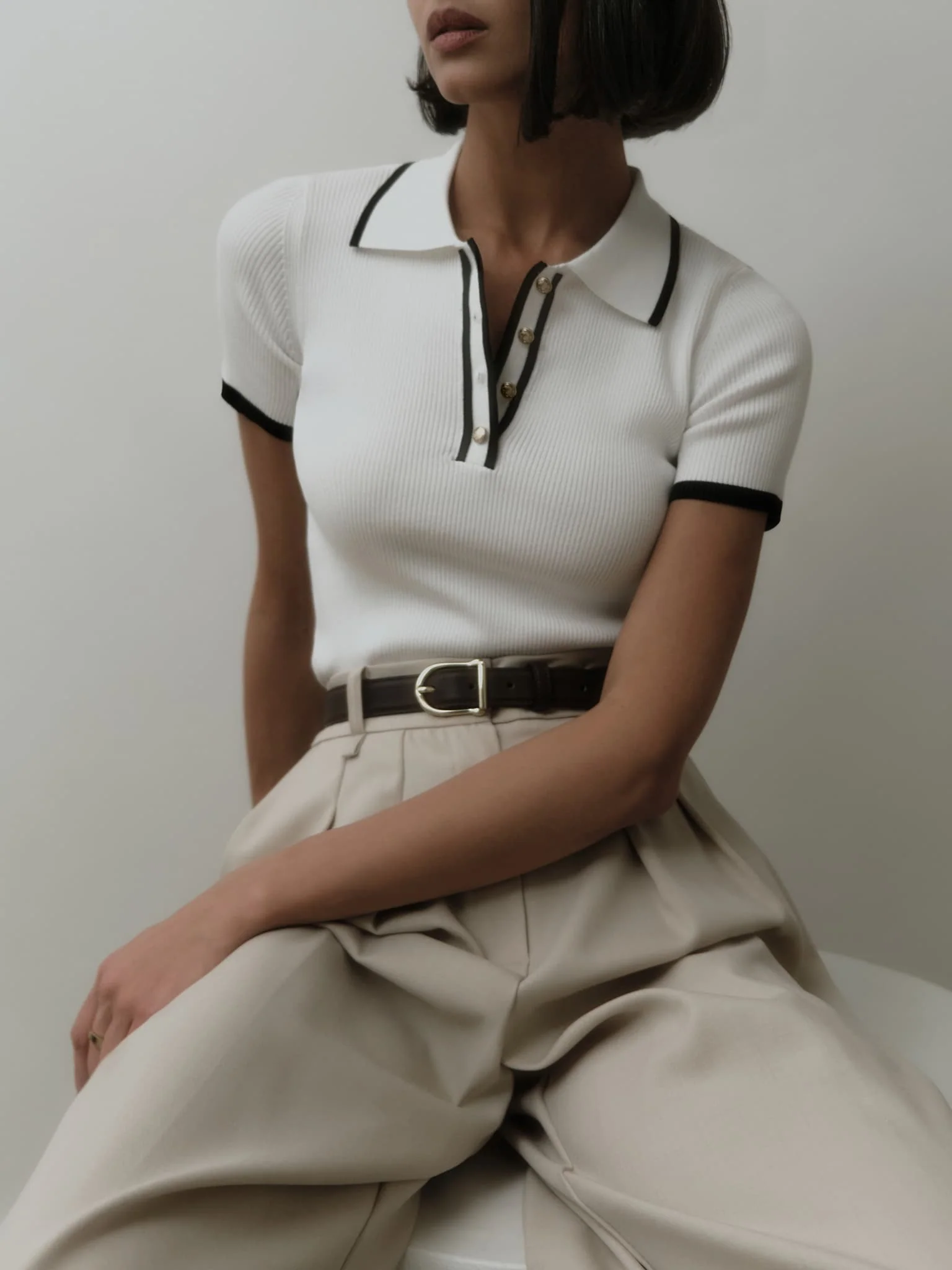 Contrast Trim Metal Button Knit Top - Image 2