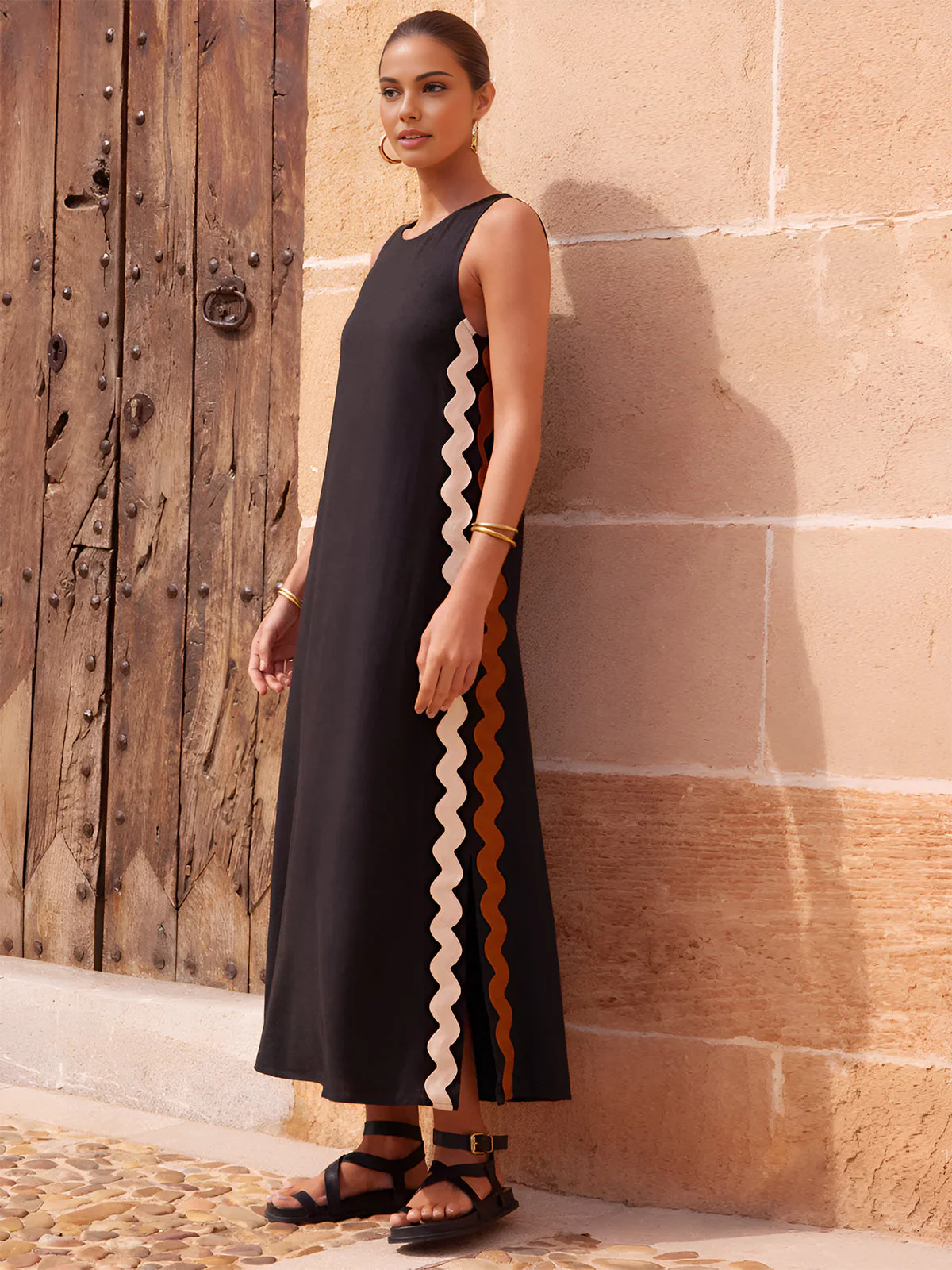 Contrast Trim Split Sleeveless Dress - Image 2