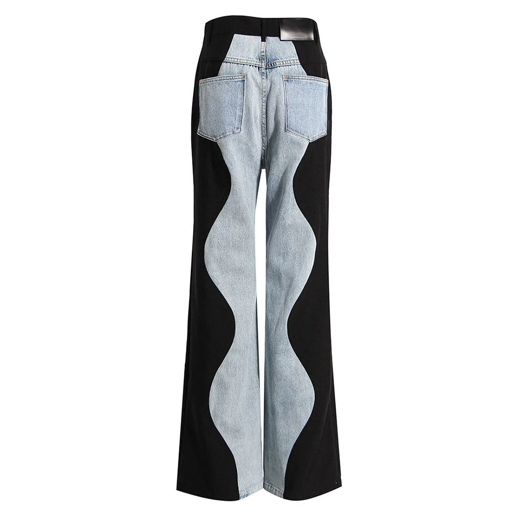 Contrast Wavy Two Tone High Waist Straight Leg Jeans - Image 2