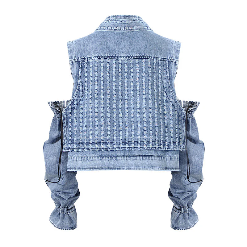 Convertible Long Sleeve Belted Collar V Neck Distressed Denim Jacket - Image 2