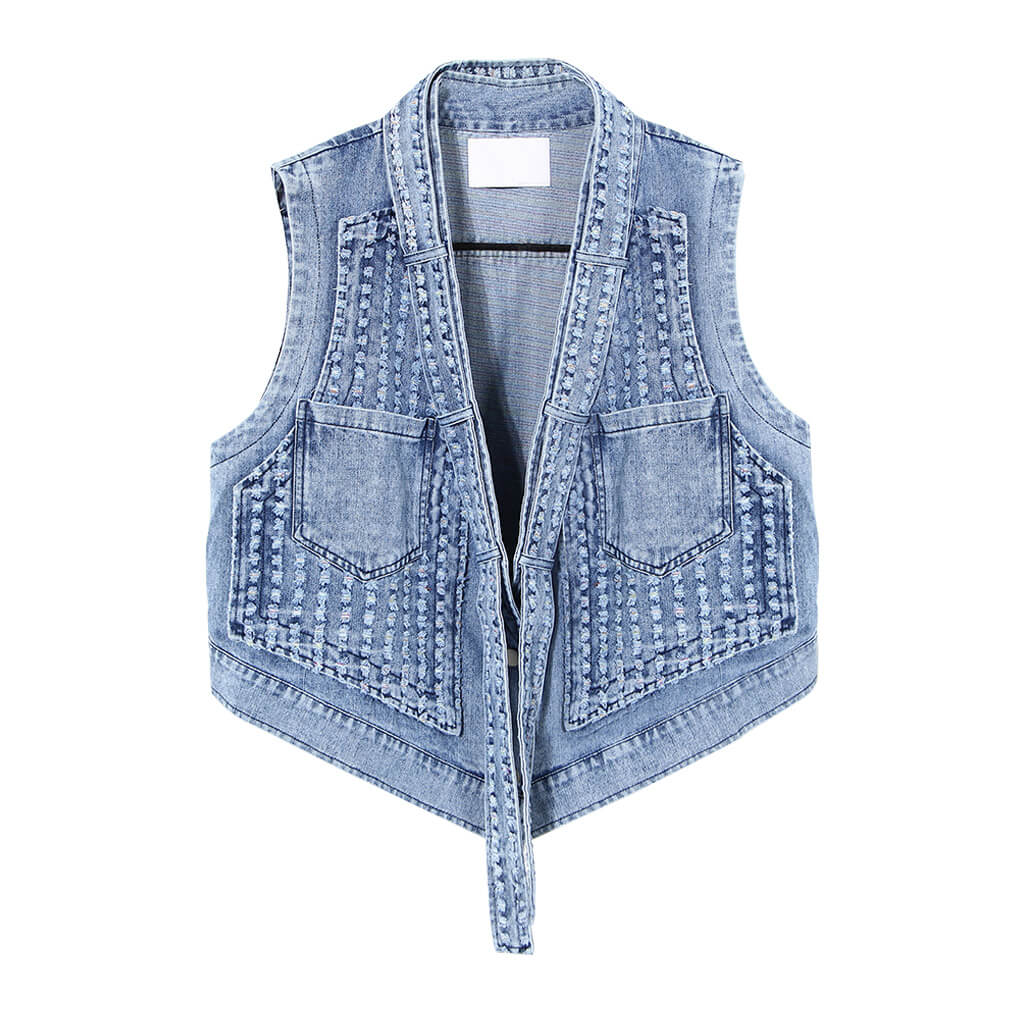 Convertible Long Sleeve Belted Collar V Neck Distressed Denim Jacket - Image 3