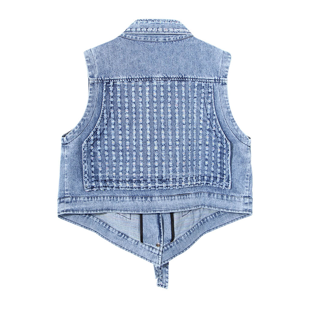 Convertible Long Sleeve Belted Collar V Neck Distressed Denim Jacket - Image 4