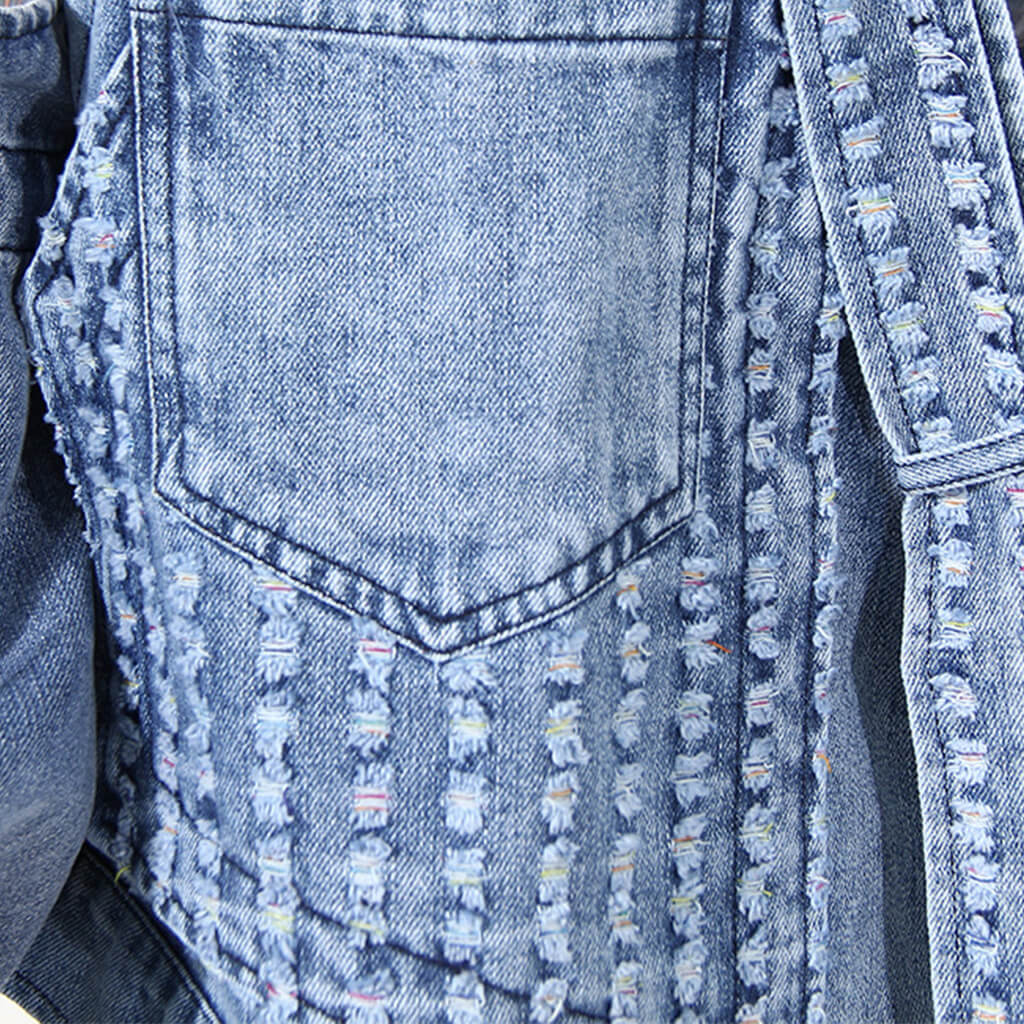 Convertible Long Sleeve Belted Collar V Neck Distressed Denim Jacket - Image 5
