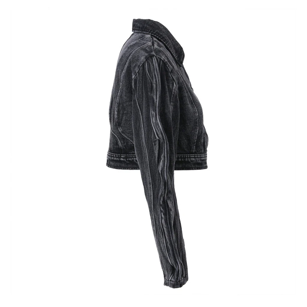 Cool 3D Wavy Sleeve Folded Collar Button Down Cropped Denim Jacket - Image 2