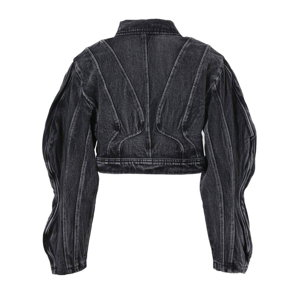 Cool 3D Wavy Sleeve Folded Collar Button Down Cropped Denim Jacket - Image 3
