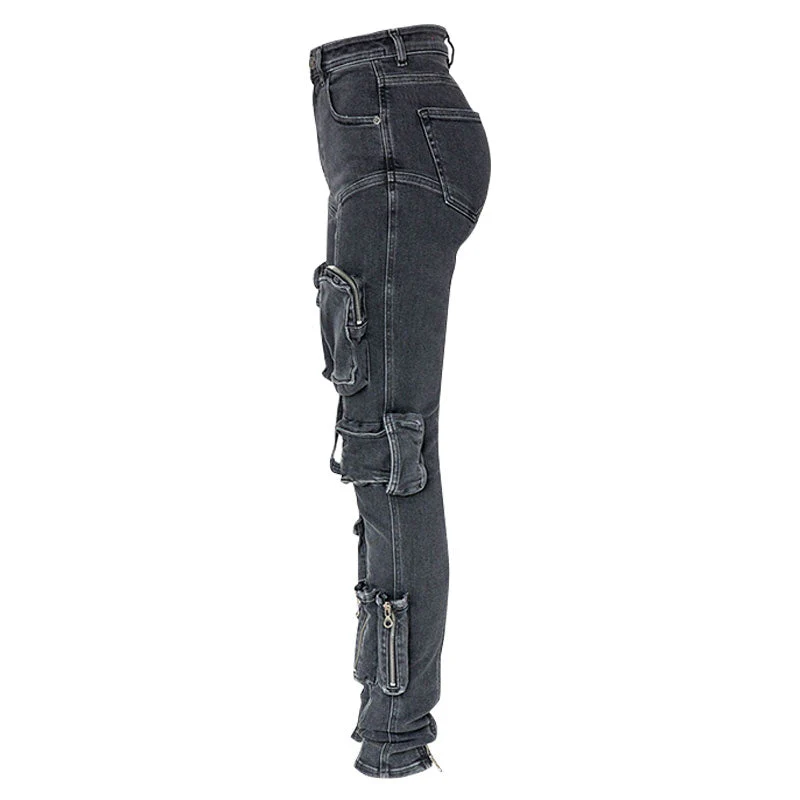 Cool Ankle Zip Detail High Waist Multiple Pocket Skinny Cargo Jeans - Image 2