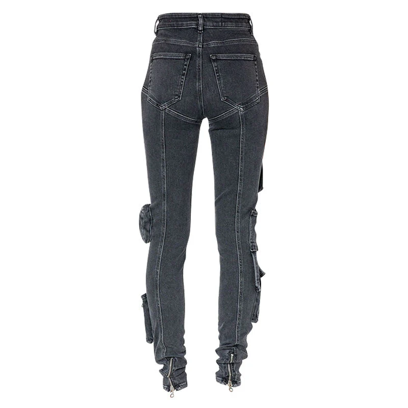 Cool Ankle Zip Detail High Waist Multiple Pocket Skinny Cargo Jeans - Image 3