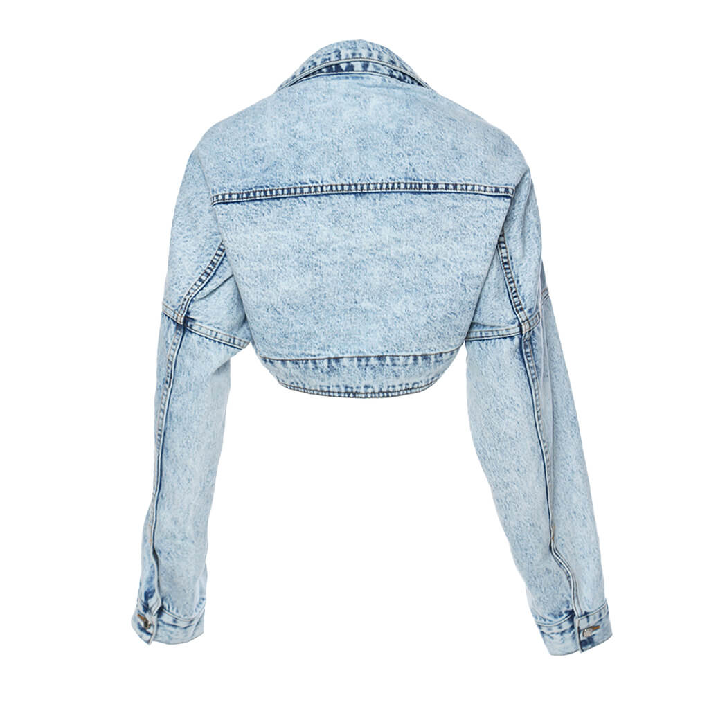 Cool Collared Drop Shoulder Long Sleeve Denim Bolero Jacket - Image 2